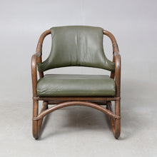 Load image into Gallery viewer, Rotan fauteuil met groen lederen bekleding jaren 60. Zweeds ontwerp