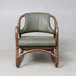 Set van drie Rotan fauteuils met groen lederen bekleding jaren 60. Zweeds ontwerp (#415)