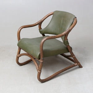 Set van drie Rotan fauteuils met groen lederen bekleding jaren 60. Zweeds ontwerp (#415)