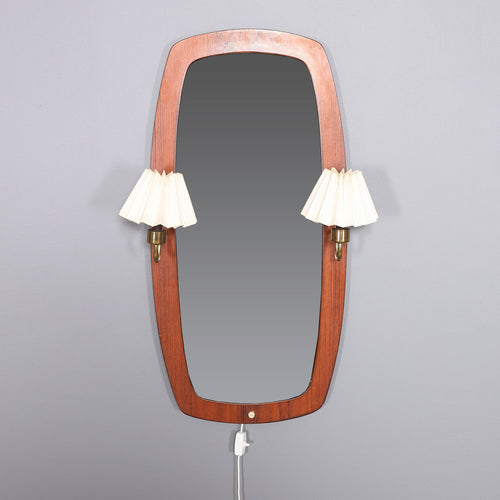 Vintage teakhouten spiegel met verlichting. Zweden 1950/60 (396)