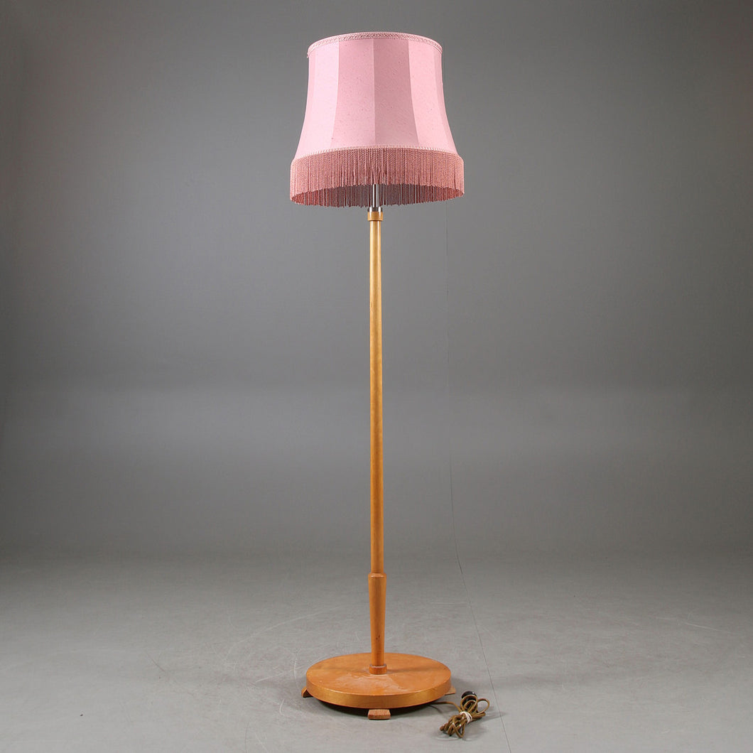 Vintage vloerlamp met roze zijden franje kap, Zweden 1950 (22579)
